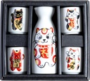 Mino Ceramic Sake Set [Made in Japan/ 4 Sake Cups and 1 Sake Carafe]: Featuring Beckoning Cat (Maneki-Neko) in Gift Box