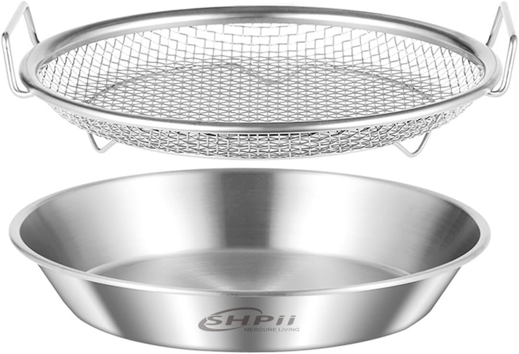 Stainless Steel Mesh Tray Set with Drip Tray, Air Fryer Basket and Tray, Grill Prep Tool, Fruit Serving Tray (8.7 inch)