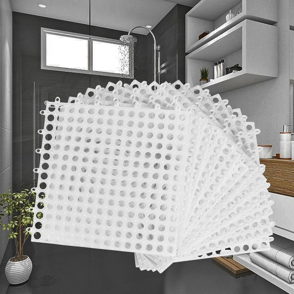 12 Pack 12" x 12" Interlocking Floor Tiles with Drain Holes, Soft PVC Non Slip Shower Floor Mat Modular Interlocking Cushion Mat for Bathroom, Drain, Pool, Patio, Balcony, Kennel, White