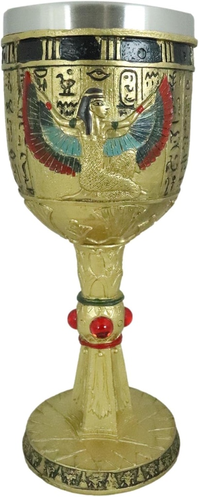 Ebros Gift Egyptian Collectible Magical Goddess Of Wisdom And Magic Isis With Open Wings 6oz Golden Resin Wine Goblet Chalice With Stainless Steel Liner 7.25" H