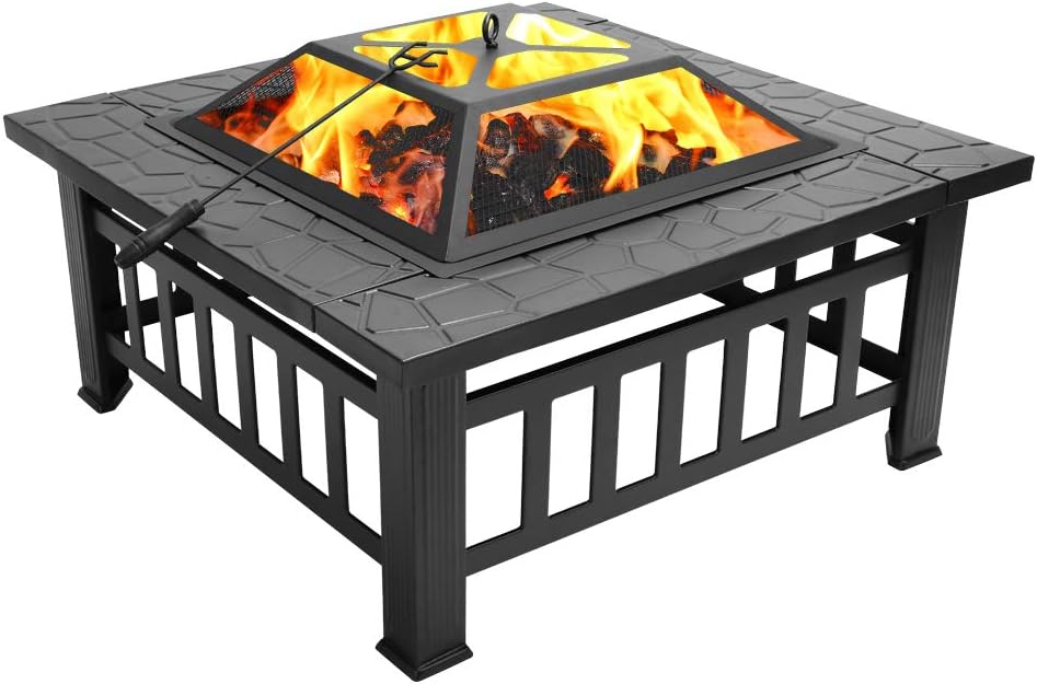 VINGLI 32in Wood Fire Pit with Mesh Lid and Fire Poker, Portable Outdoor Fireplace Burning FirePit for Chrismas Backyard Patio Outside Picnic BBQ Party