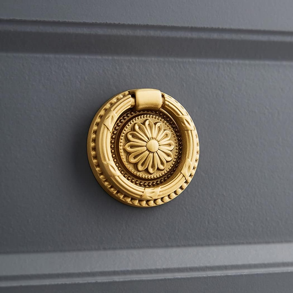 Brass Cabinet Rings Gold Knobs, Drawer Round European Handles Antique Gold Knobs for Home Kitchen, 4 Pack