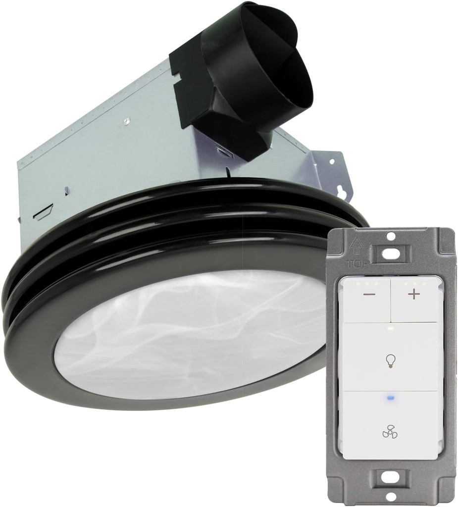 Akicon Ultra Quiet Bathroom Exhaust Fan with Light, Fan and LED Light Dimmer Switch, 80 CFM 2.0 Sones Round Bathroom Ventilation Fan with Frosted Glass Cover Matte Black