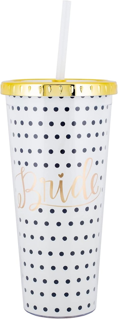 Mary Square Bride White Black Polka Dot 24 ounce Acrylic Straw Tumbler with Gold Tone Lid