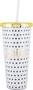 Mary Square Bride White Black Polka Dot 24 ounce Acrylic Straw Tumbler with Gold Tone Lid