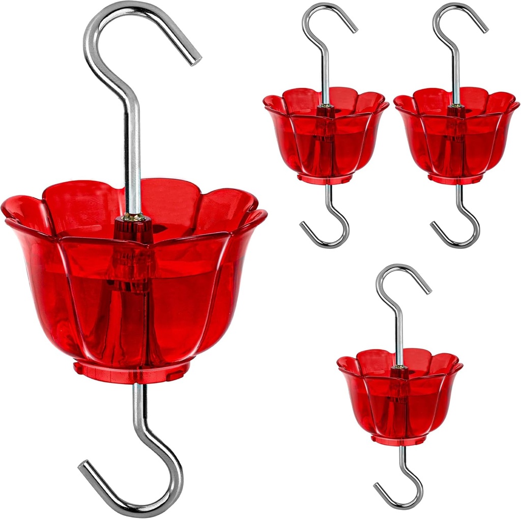 Ant Moat for Hummingbird Feeders 4 Pack,2 oz Capacity,Suitable for Outdoor Yard Hanging Feeders,Hummingbird Feeder Ant Guard,Rustproof S Hooks,Sturdy,Leakproof,Red Flower Shape