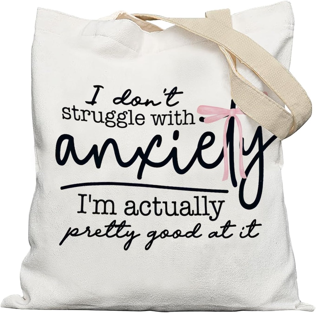 Coquette Pink Bow Mental Health Tote Bag, Funny Anxiety Gifts Canvas Tote Bags, Anti Anxiety Gifts for Women, Funny Sarcastic Reusable Grocery Shopping Bag