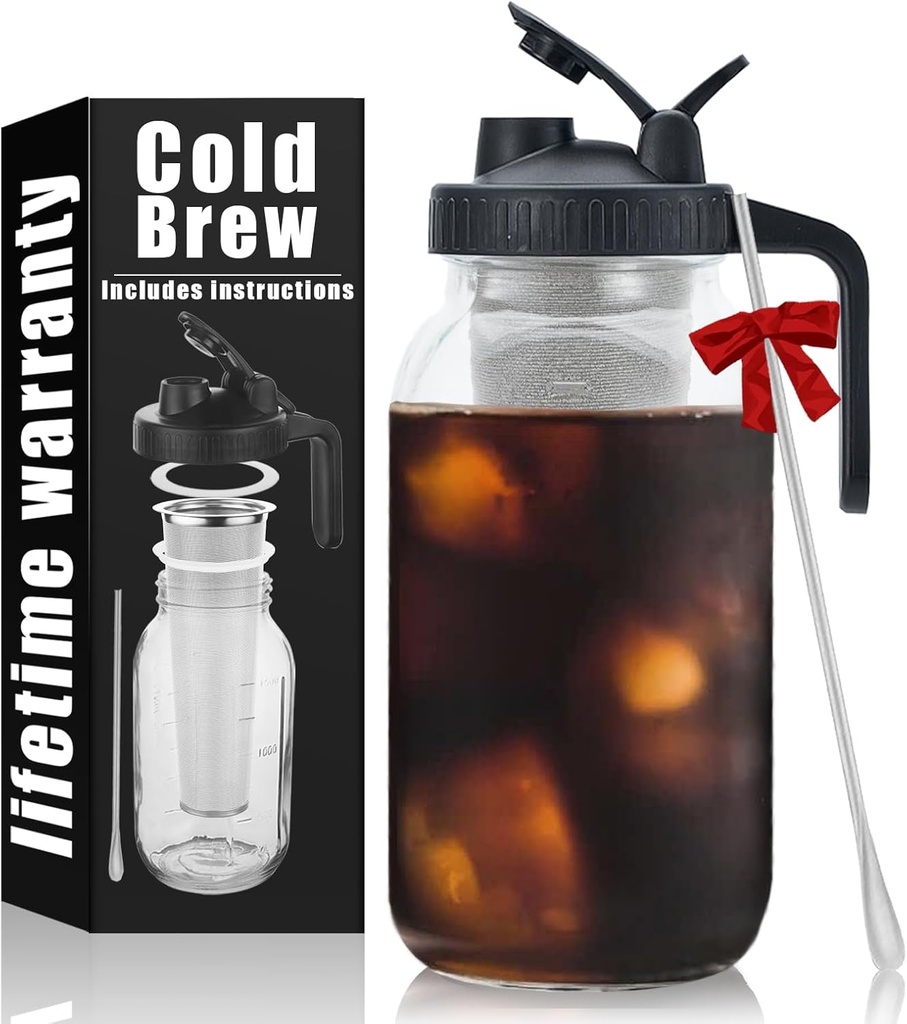 Cold Brew Mason Coffee Maker - 64oz Iced Coffee Pitcher with Stainless Steel Mixing Spoon & Super Dense Filter 3 Steps Finish Cold Brew Coffee, Classic BPA Free Sturdy Mason jar Pitcher Easy to Clean
