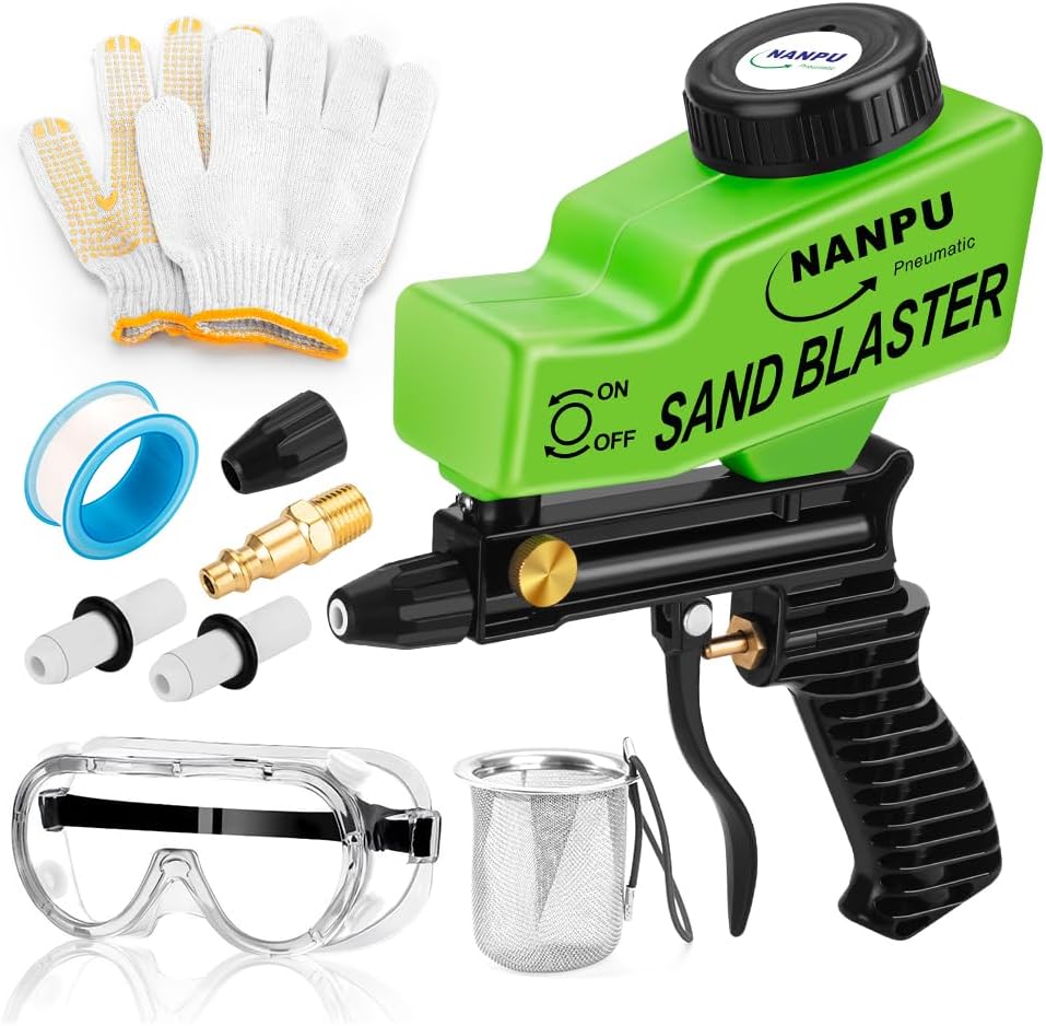 NANPU Light-Duty Air Sandblaster Gun Kit with Gravity Feed, Metal Nozzle, Plastic Body, for Small Project Surface Prep, Paint & Rust Removal, Metal/Wood/Glass Etching, Requires Air Compressor