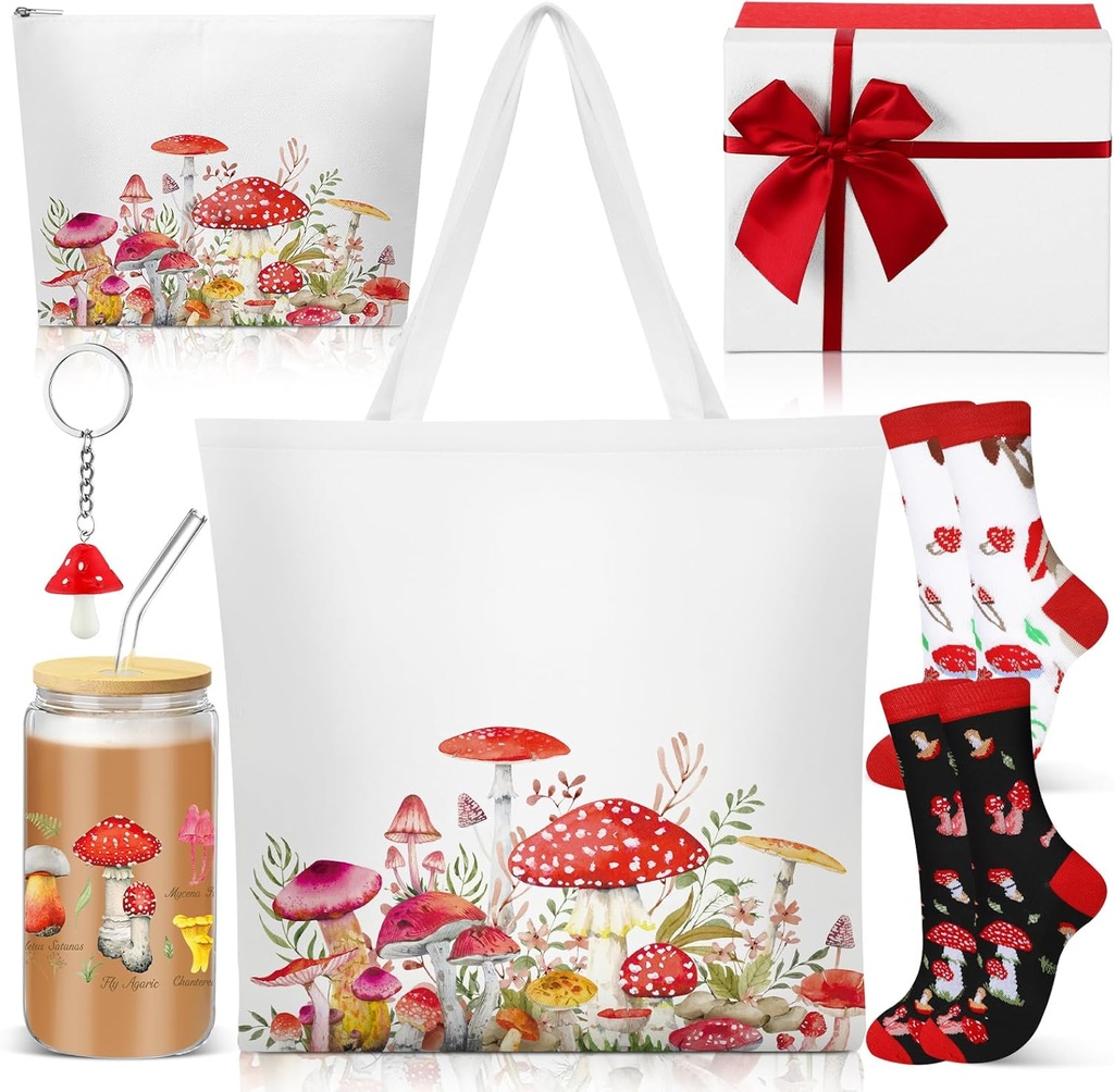 9 Pcs Mushroom Gifts for Women Christmas Plant Lover Gifts Stuff 16 OZ Coffee Cups with Straw Lid Brush, Mushroom Keychain, Socks, Tote Bag Cosmetic Bag fo Birthday Gardener (Shiny Style)