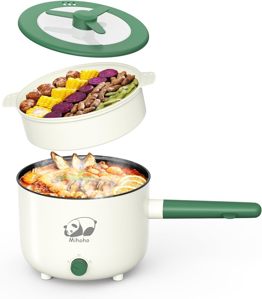 Electric Hot Pot with Steamer, Portable Nonstick Frying Pan with Dual Power Control, Electric Shabu Shabu Cooker for Noodle, Oatmeal, Pasta, Ramen, 1.5L (Green D)