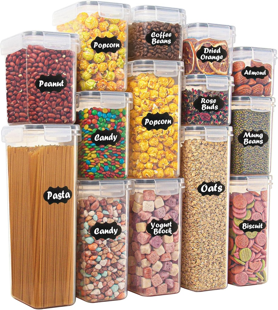 Airtight Food Storage Containers with Lids Set 14 Pack, Kitchen Pantry Organizers and Storage for Cereal Flour Sugar Pasta Snacks, Clear Plastic BPA Free Dry Food Canisters with 16 Labels & 5 Spoons
