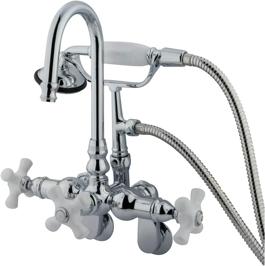Kingston Brass CC308T1 Vintage Clawfoot Faucet Hi-Rise Spt Wall Mount H&C Porcelain Cross Handle, Polished Chrome