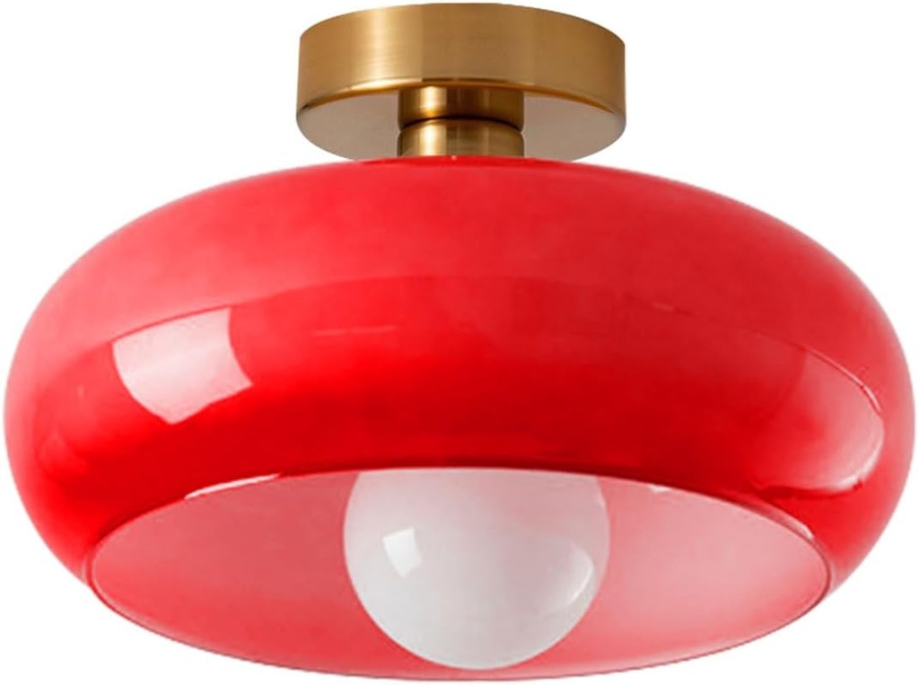 Vintage Ceiling Light Fixture Red Glass Flush Mount Ceiling Lights 11" Round Dome Glass Shade Mid Century Modern Ceiling Lights Gold Brass Flush Mount Lamp for Hallway Bedroom Kitchen