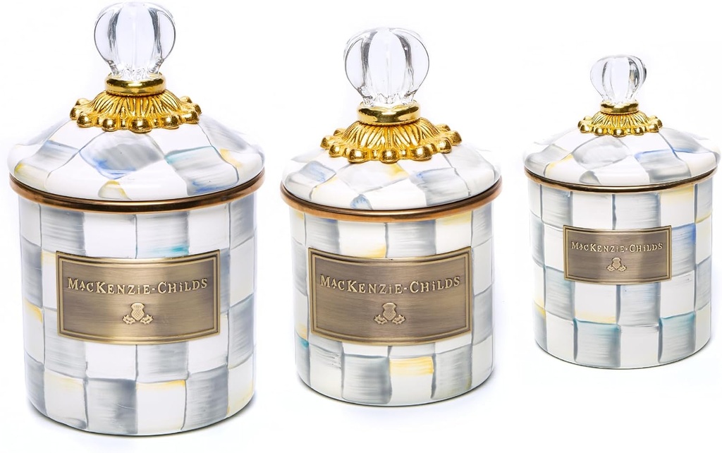 MACKENZIE-CHILDS Enamel Canister Set, Mini (14 oz.), Demi (24 oz.), and Small (38 oz.) Kitchen Containers, Gray-and-White Sterling Check