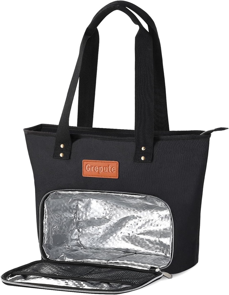 15.6 inch lunch bag women, Large Insulated, Lunch Tote with Removable Strap, Tote bag Cooler Handbag Leakproof for Work Picnic Camping Beach, Black