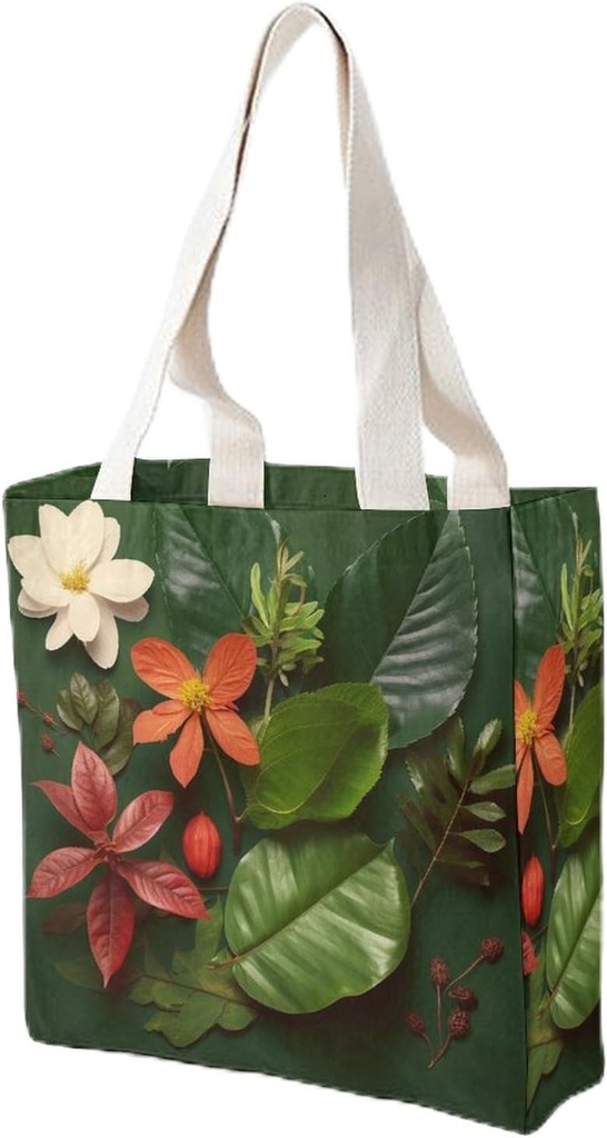 Canvas Tote Bag for Women Reusable Grocery Bag Leaves And Flowers Shopping Bags Casual Shoulder Bag Handbag