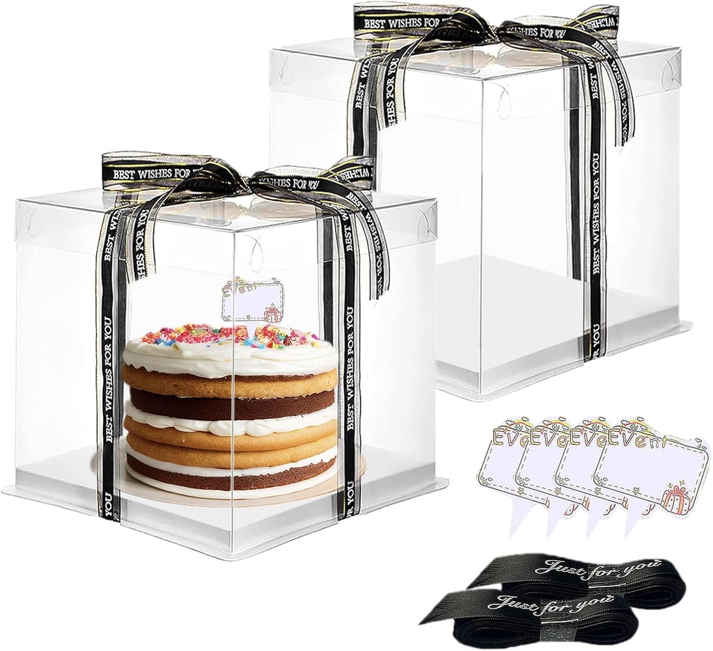 Clear Cake Box, 2 Pcs Transparent Cake Carrier Box with Lids, 8'' PET Cake Packaging Boxes with Ribbon Gift Card for Pastries, Clear Gift Boxes for Birthday, Wedding and Festival Party, White.