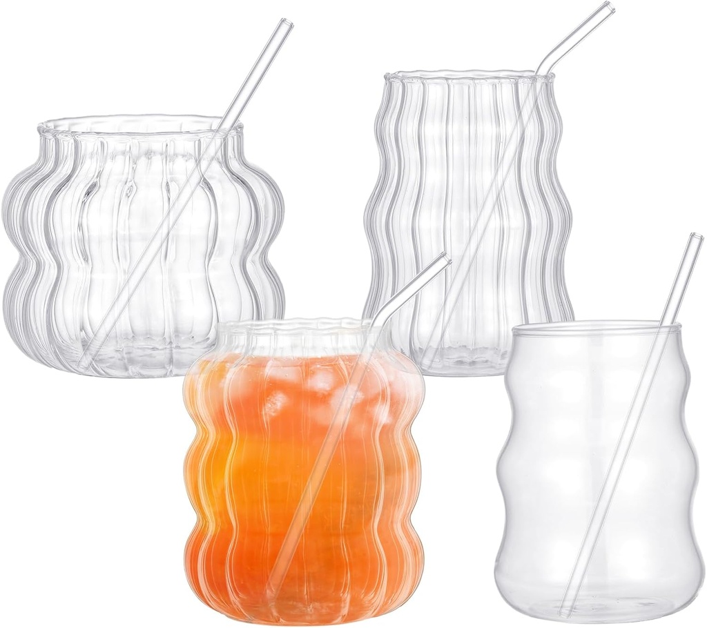 4 Pcs Creative Glassware Set Wave Shape Drinking Glasses with Glass Straw Aesthetic Cups Vintage Ribbed Glass Cups Cute Drinking Glasses for Tea Beer Water Cocktail Coffee Beverage Kitchen
