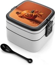 Happy Thanksgiving Day Pumpkin Bento Box with Spoon, 2-layer Stackable Lunch Box Leak Proof with Invisible Handle, Insulated Food Storage for Office, Picnic & Travel