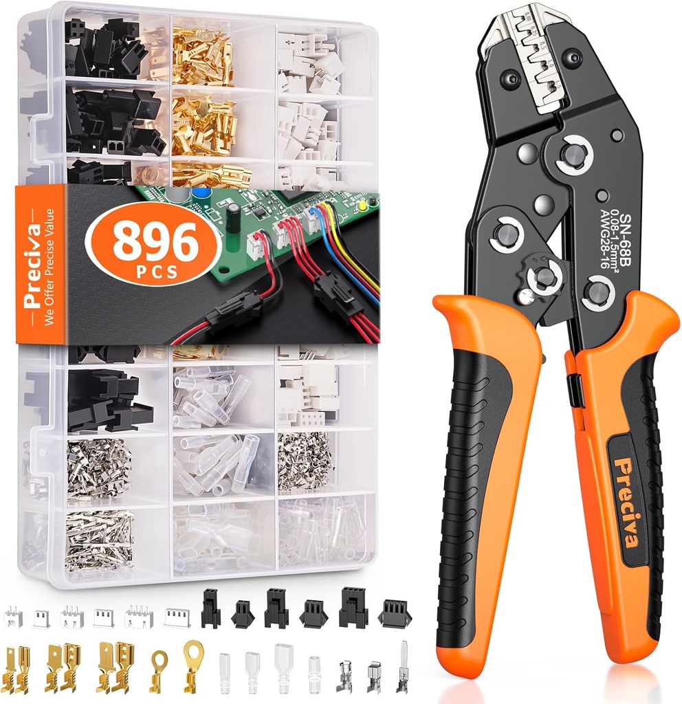 Preciva 5-in-1 Wire Crimper Tool Kit, for AWG 28-16 Dupont & Spade Connectors, with 896 pcs Terminals (616 Dupont Connectors + 280 Spade & Ring Terminals), Fits Deutsch, JST, Molex Automotive Wiring