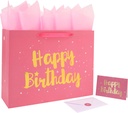 Qirrmiy 16.5” Extra Large Pink Happy Birthday Gift Bag Set with Handles, Greeting Card, Tissue Papers and Stickers for Women Girls Kids, Stars Design, 1 Pcs.