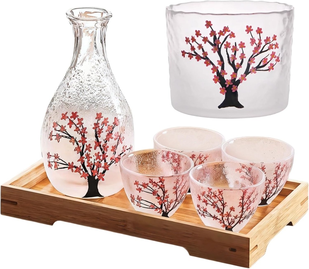 Handcrafted Japanese Sake Set – Glass Carafe & 4 Cups, Includes Warmer, Cherry Blossom Design for Tasting Traditional Liquors