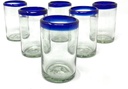 Unknown1 Hand Blown Mexican Drinking Glasses Set of 6 Juice with Cobalt Blue Rims (8 Oz Each) Glass