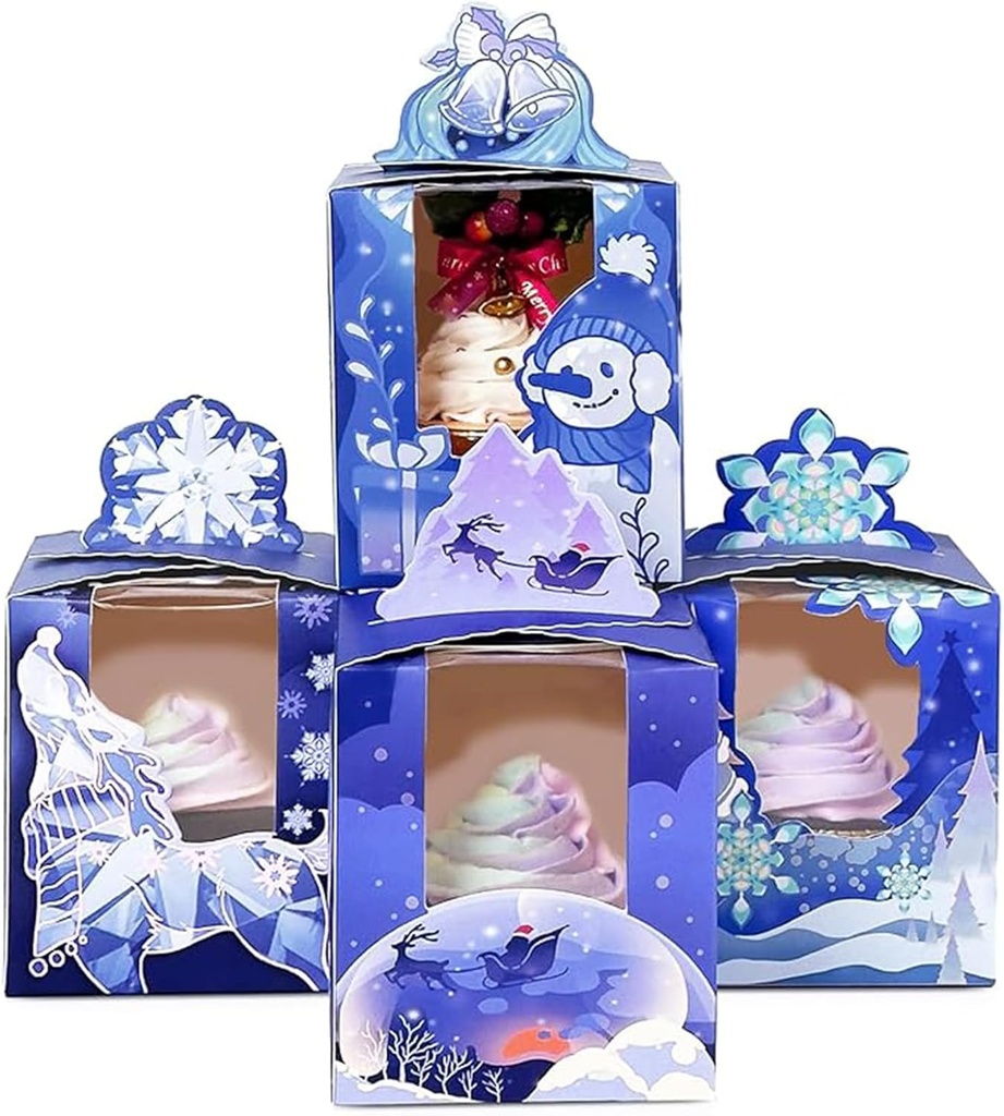 qiqee Christmas Cupcake Boxes Individual Cupcake Holders Disposable 32pcs Crystal Original Single Cupcake Boxes with Window 3.7"*3.7"*4.3" Cupcake Containers