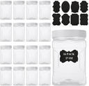 16 Pack 27 oz Plastic Storage Jars with Lids, Square Containers with Easy Grip Handles, Clear Jars with Stickers, Wide Mouth Canisters for Food & Home Storage