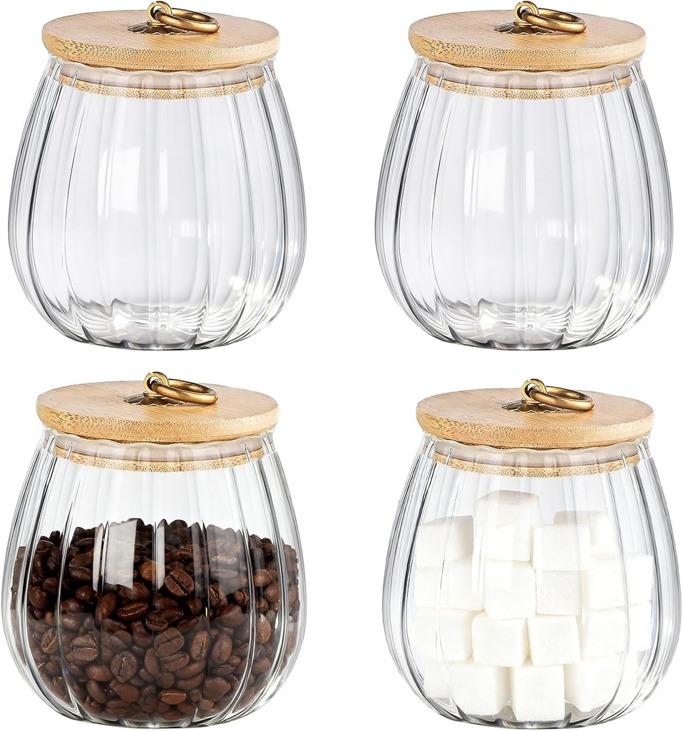 Frcctre 4 Pack 25 Oz Glass Airtight Storage Jar Glass Canister with Bamboo Lid, Decorative Petal Storage Container with Metal Handle for Dry Food, Tea, Cookie, Candy, Sugar, Nuts