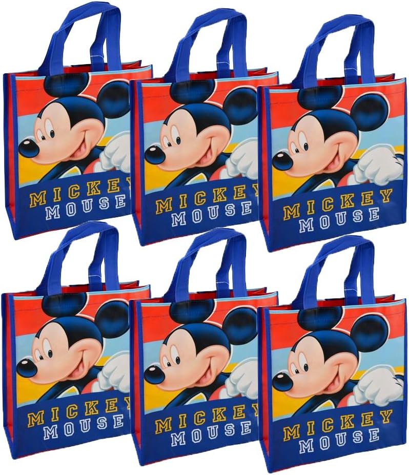 Disney Mickey Mouse Reusable 12-inch Tote Bags, 6-Pack Party Set, One Size, Blue, Red
