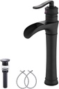 Matte Black Bathroom Faucet GGStudy Single Handle One Hole Farmhouse Waterfall Bathroom Vessel Sink Faucet Black Matching with Pop Up Drain