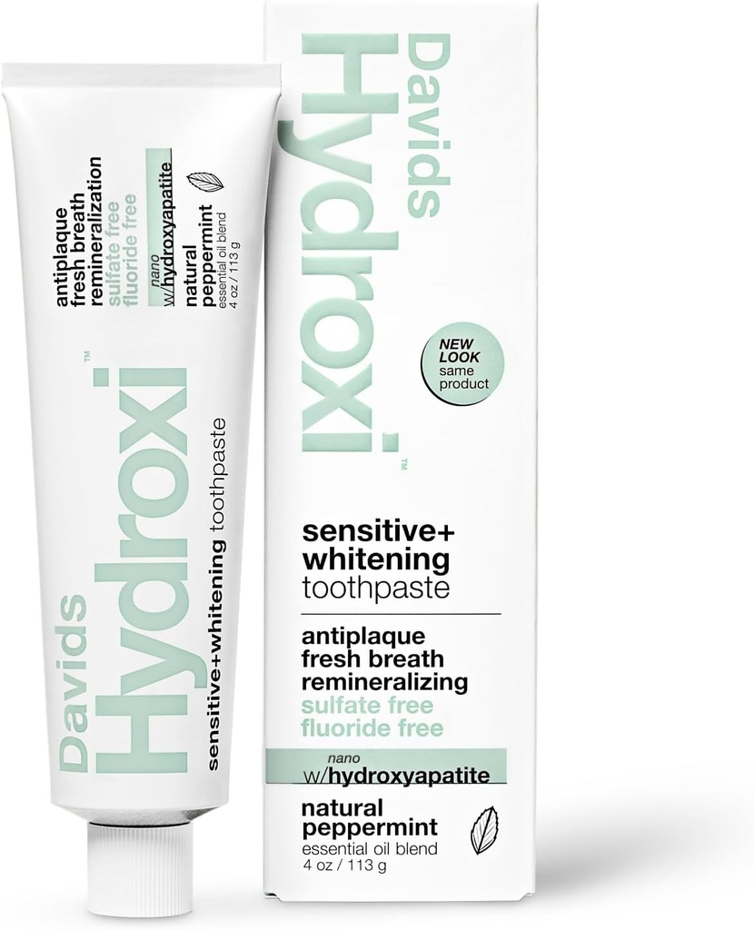 Davids Hydroxi Fluoride Free Nano Hydroxyapatite Toothpaste for Remineralizing Enamel & Sensitive Relief, Whitening, Antiplaque, SLS Free, Natural Peppermint, 4 oz, Made in USA