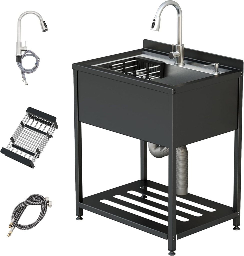 Stainless Steel Utility Sink, 30.8" × 22" × 39.5"Freestanding Sink with Cold and Hot Water Faucet,Hoses and Drain Kit for Kitchens, Bathrooms, Garage, Laundry Room