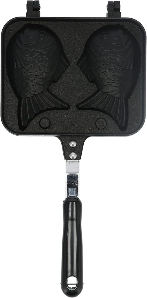 Taiyaki Fish Shape Frypan, 2 Grids Non Stick Waffle Maker Pan, Double Sided with Black Prevent Scalding Handle, Aluminium Alloy Waffle Mold Pan for Home DIY Cooking Party Dessert