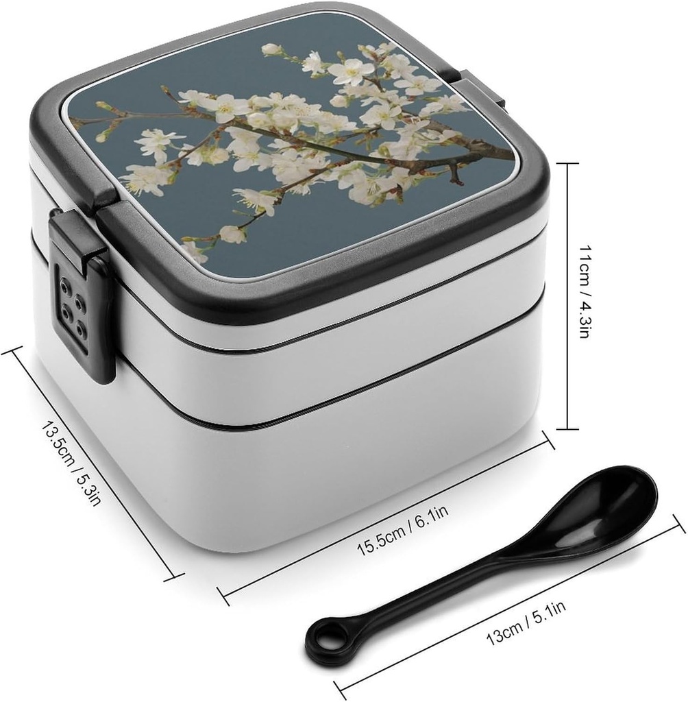 All-in-One Bento Box Stackable Leak-Proof Lunch Box With Carry Handle 2 Layer Portable Meal Prep Container Cherry Plum Flowers Lunchbox with Utensils for Dining Out Work, Black
