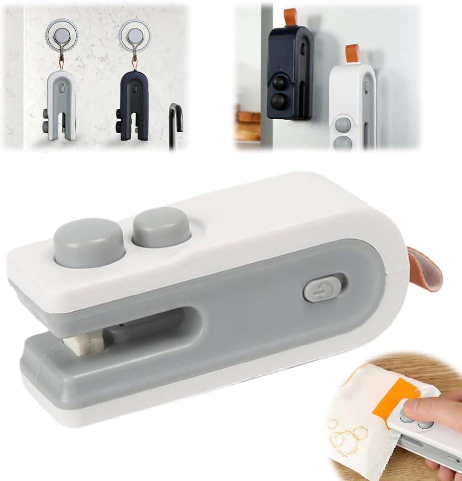 Mini Bag Sealer, 2025 New 2 in 1 USB Rechargeable Chip Bag Sealer Heat Seal Tool, Portable Handheld Snack Sealer Bag Sealing Machine Kitchen Gadgets for Snacks and Vegetable (White)
