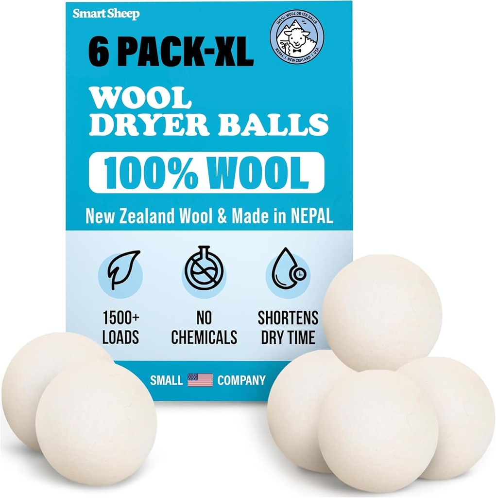 Smart Sheep Wool Dryer Balls - 6-Pack - XL Premium Natural Fabric Softener Award-Winning - Wool Balls Replaces Dryer Sheets - Wool Balls for Dryer - Laundry Balls for Dryer