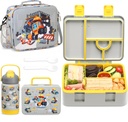 rockpapa 5 Compartment Bento Lunch Box for Kids with Uensils & Insulated Water Bottle & Lunch Bag with Strap, BPA-Free Lunch box Containers Set for School Boys Girls Ages 3+ (Grey Constr Trucks)