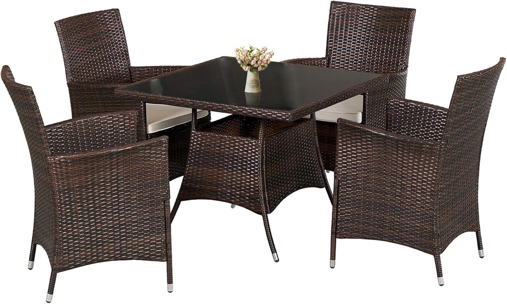 5-Piece Patio Furniture Outdoor Wicker Dining Set Table and 4 Chairs, Square Tempered Glass Top Table with Umbrella Hole, Brown