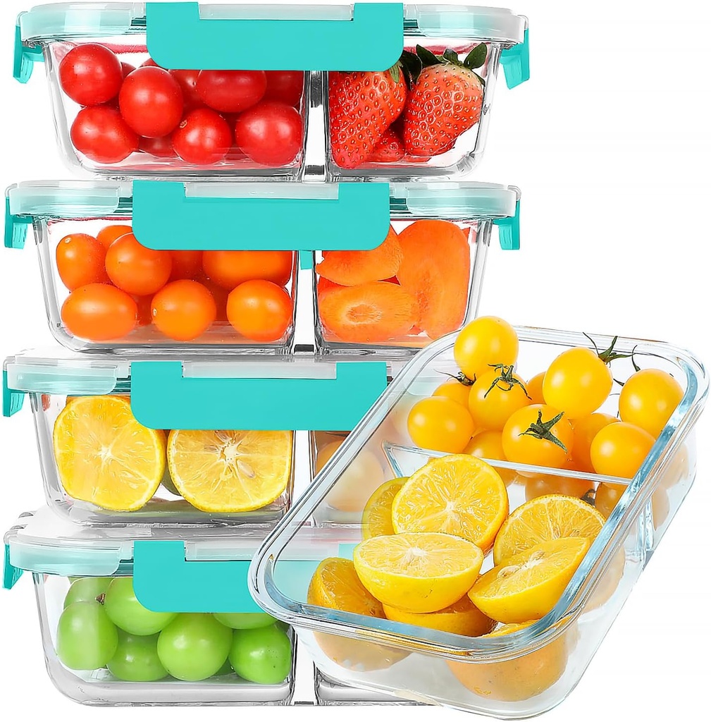 KOMUEE 30 oz 5 Pack Glass Meal Prep Containers 2 Compartments, Glass Food Storage Containers with Lids, Airtight Lunch Box, Microwave, Oven and Freezer Safe, Green
