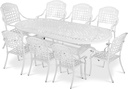 VIVIJASON 9-Piece Patio Furniture Dining Set, Rust-Free Cast Aluminum Outdoor Conversation Set, Include 8 Chairs and an Oval Table with Umbrella Hole for Balcony Lawn Garden Backyard, White