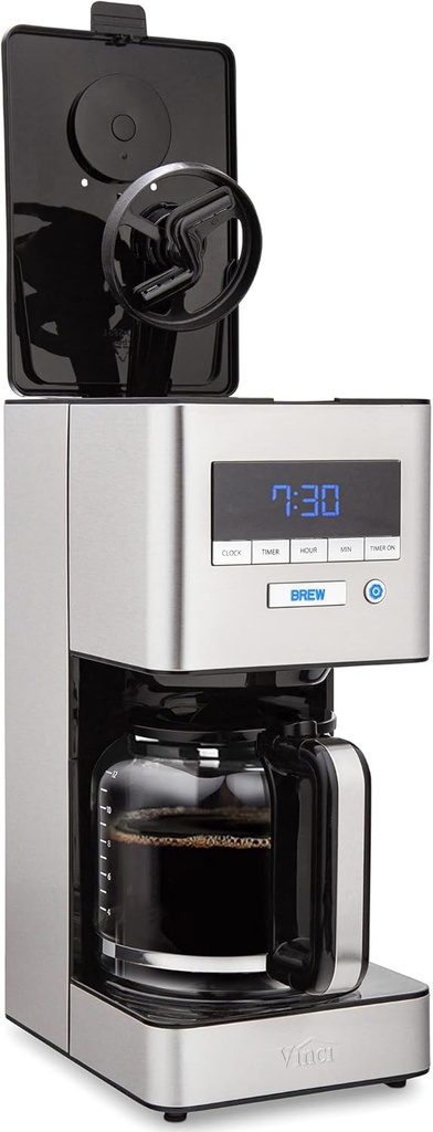 VINCI RDT Elite Spinning Sprayhead Coffee Maker | 12-Cup Programmable Coffee Brewer with Bloom Feature and Rotary Dispersion Technology | Black and Stainless Steel | Auto Shut-Off