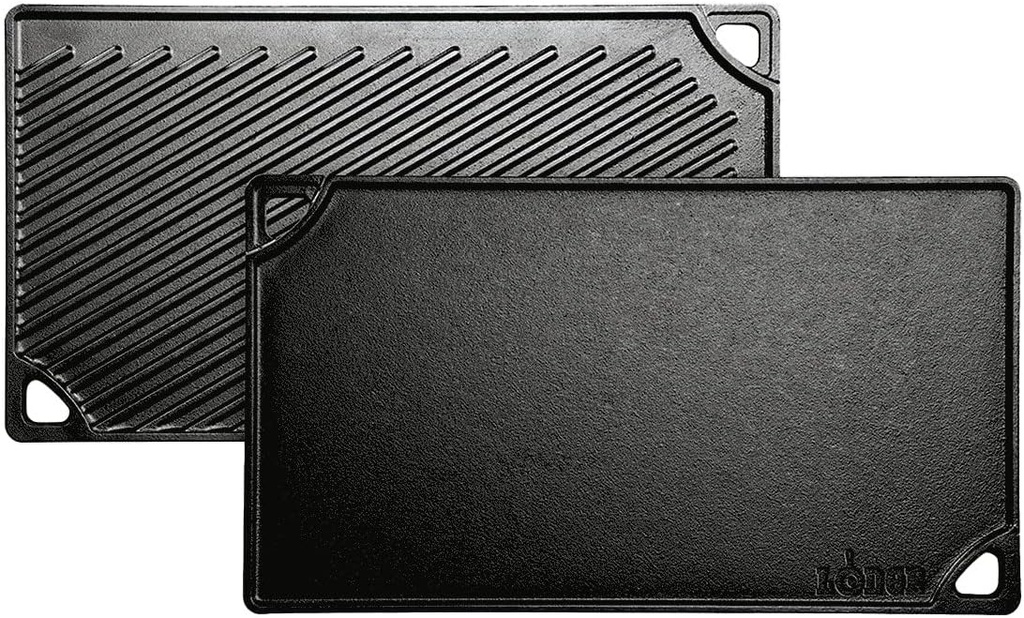 Lodge Reversible Cast Iron Grill/Griddle – 9.5 x 16.75 Inch Pre-Seasoned Cooking Surface – Flat & Ribbed Sides – Use on Stove, Grill, or Campfire – Made in the USA – Heavy-Duty, Black