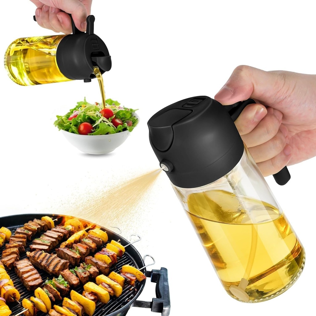 Oil Sprayer for Cooking, 2 in 1 Olive Oil Dispenser Bottle for Kitchen, 17oz/500ml Premium Glass Oil Bottle, Food-grade Oil Mister for Air Fryer, Salad, Frying, Picnic, BBQ(Black)