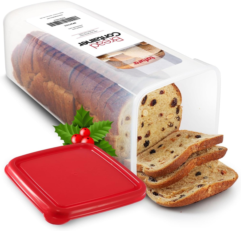 Tafura Bread Container - BPA Free Plastic Bread Box - Container/Holder for Homemade Loaves and Baked Goods with Red Airtight Lid