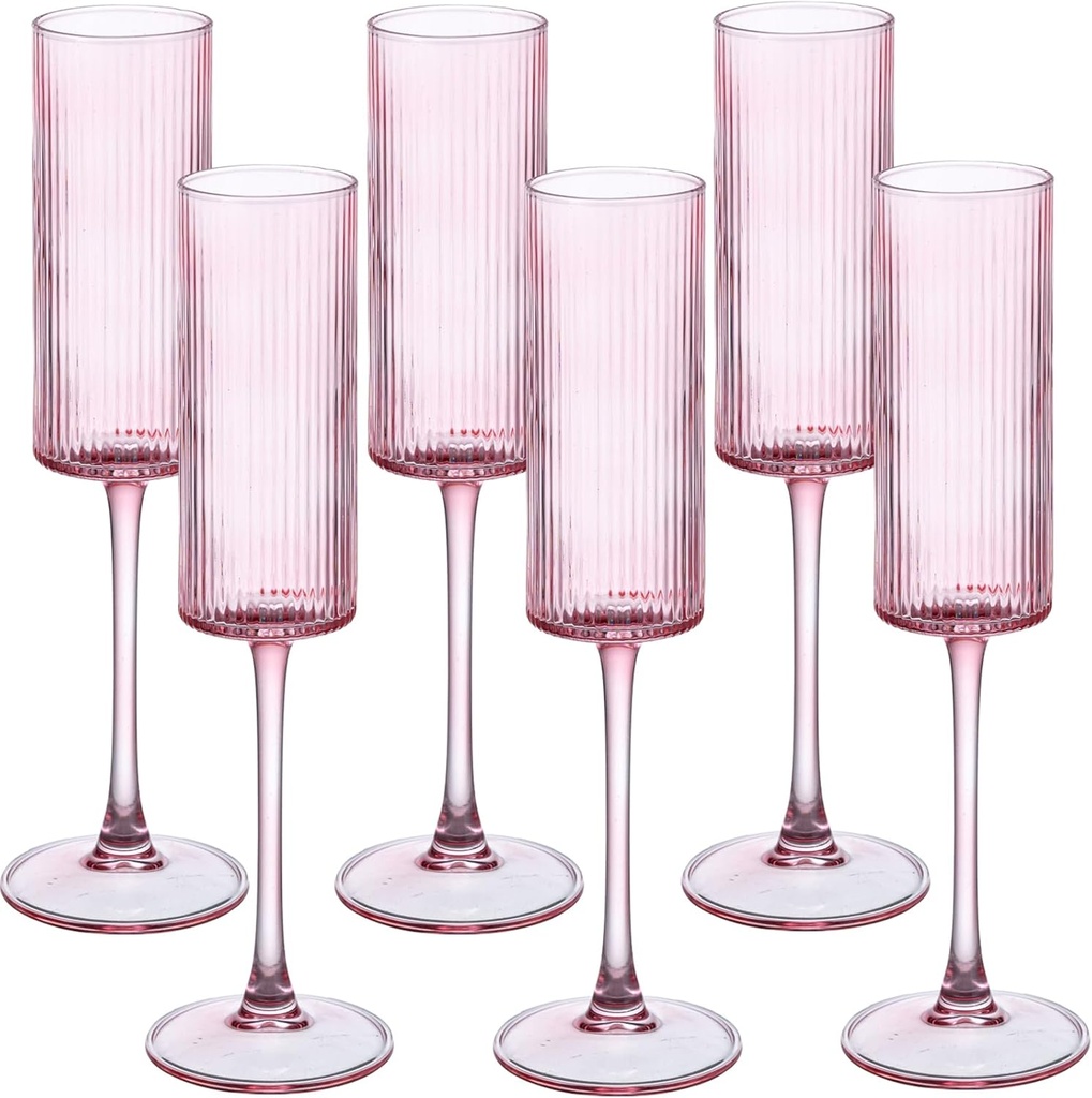 Champagne Flutes Set of 6,Vintage Ribbed Crystal Hand Blown 6 OZ Goblet Champagne Glasses Long Stem,Elegant Sparkling Wine Stemware Drinking Cocktail Unique Gift for Birthday, Wedding, Anniversary