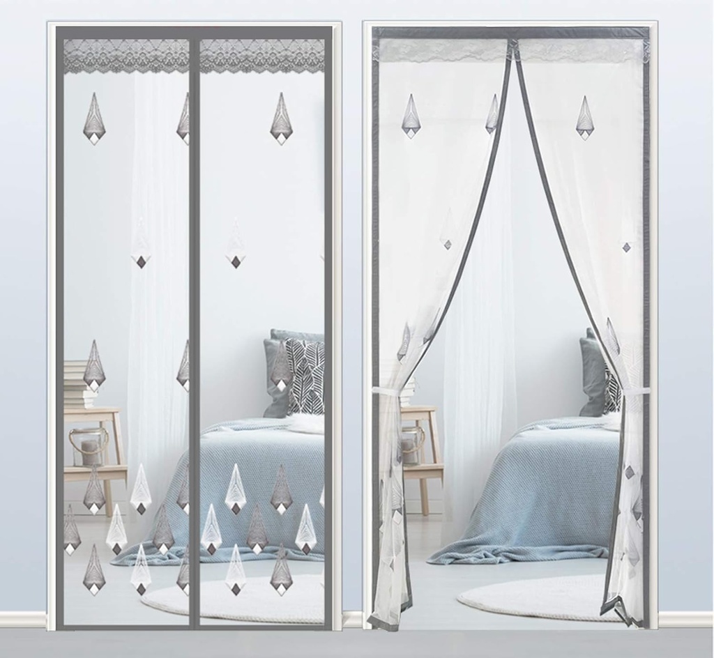 Reinforced Magnetic Window Screen Door with Tiebacks Mesh Curtain with Magnets for Window and Door No Drilling Hook & Loop Install 62" x 86" Diamond Grey