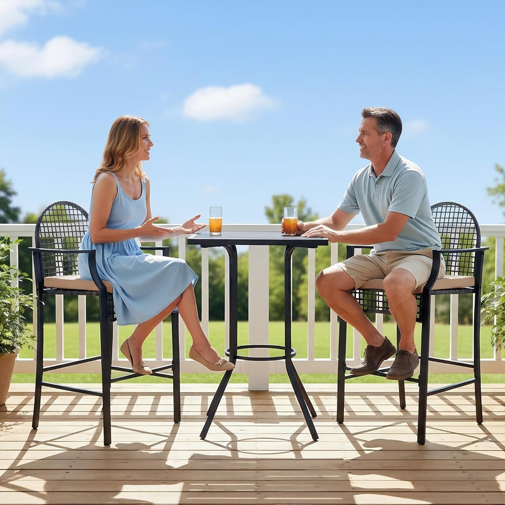 3 Piece Outdoor Patio Bar Set, Metal Steel Patio Furniture Set, High Top Patio Table and Chairs, 29.5" Wicker Bar Height Patio Bistro Set, Armrests Patio Conversation Set for Balcony, Khaki
